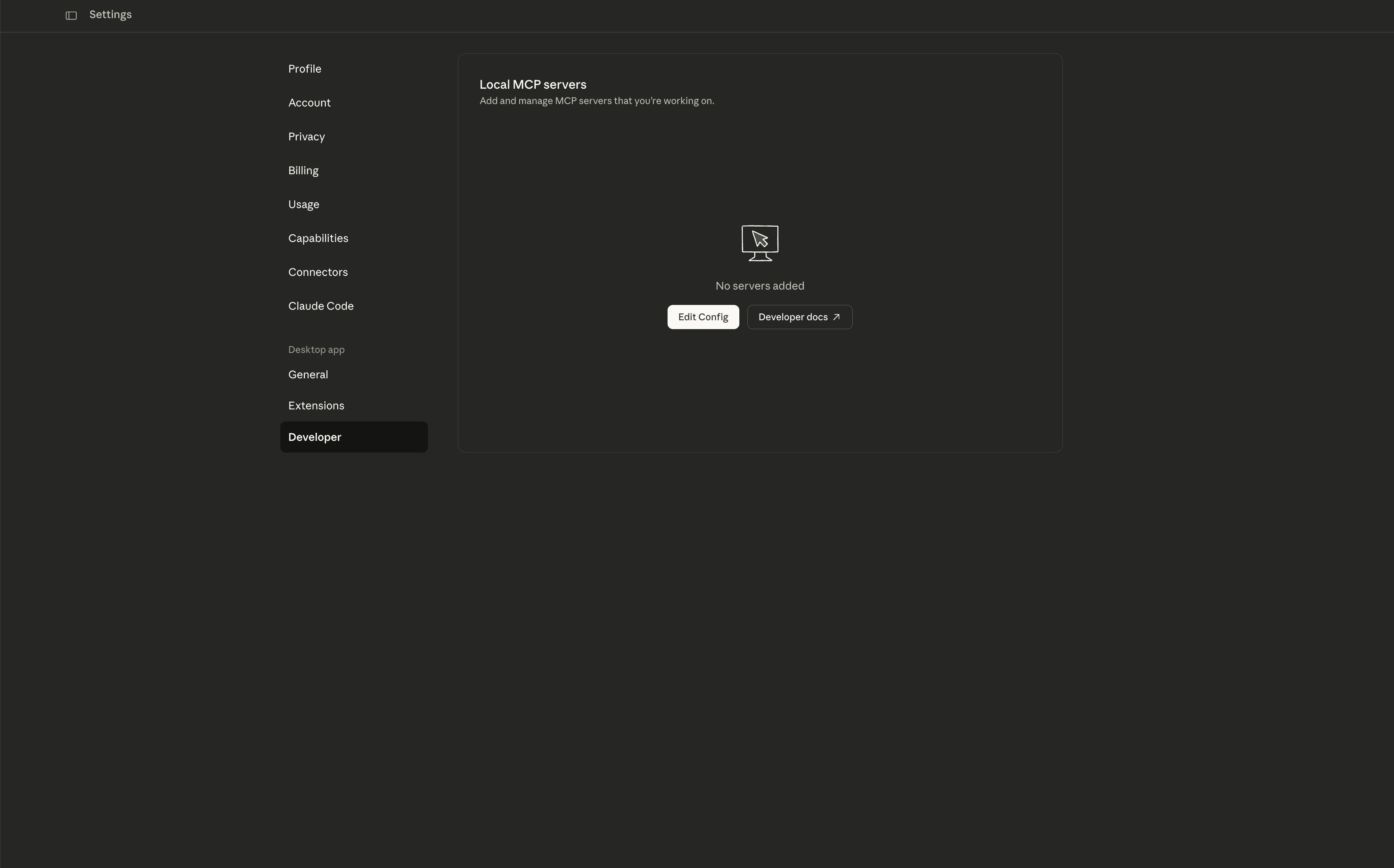 Claude Desktop developer tab before connection