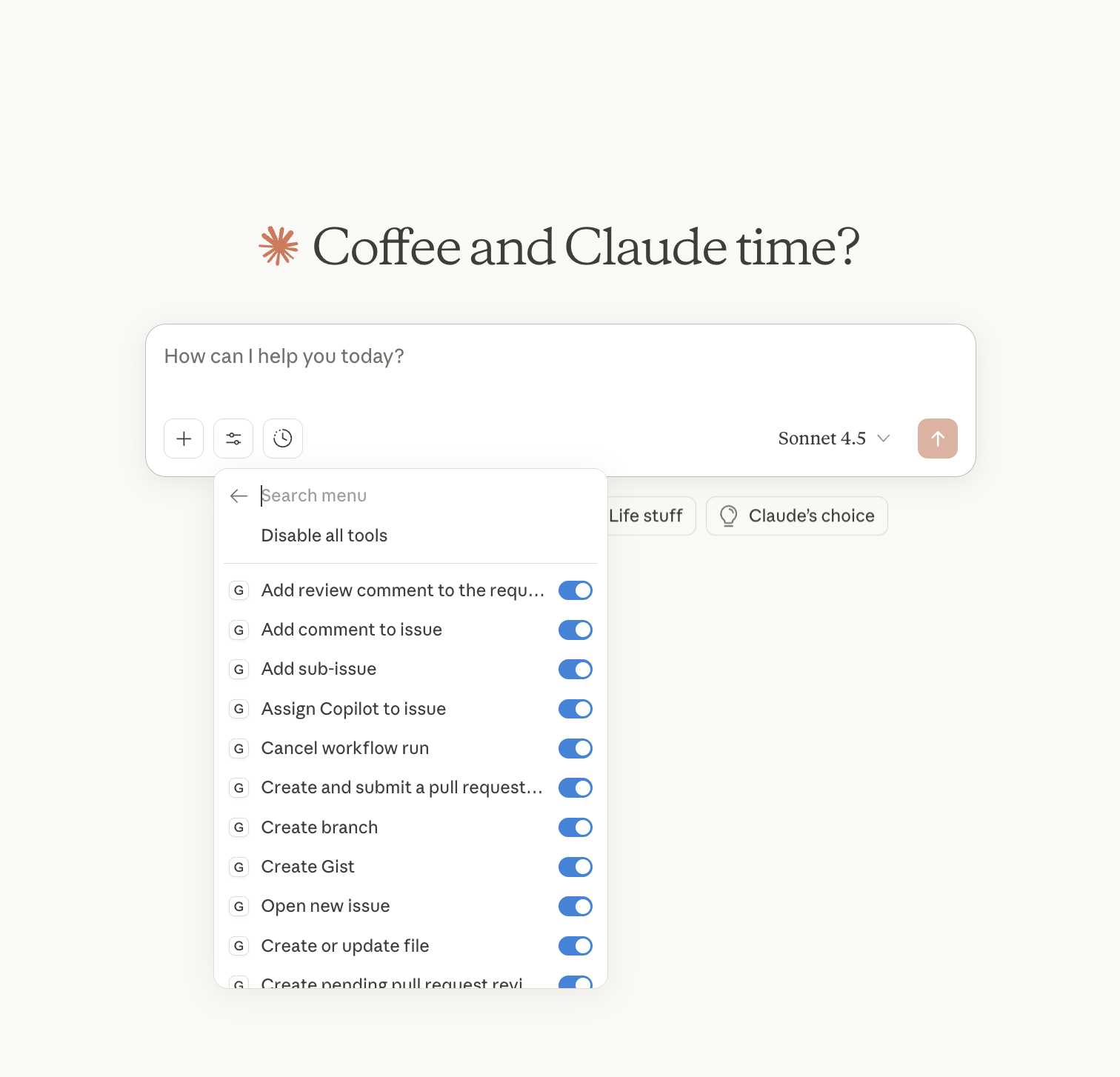 Claude Desktop showing GitHub tools available