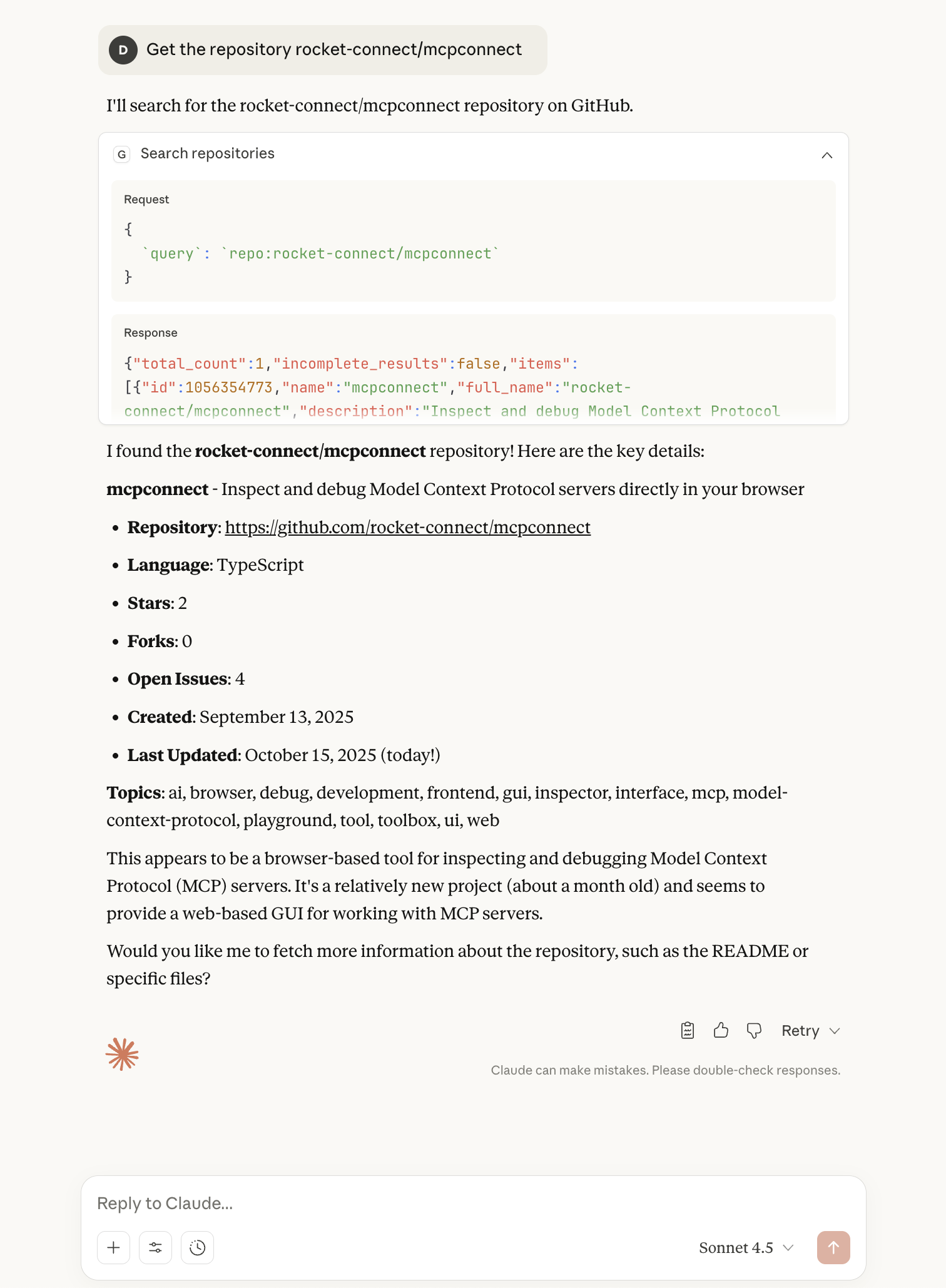 Claude executing get repository query