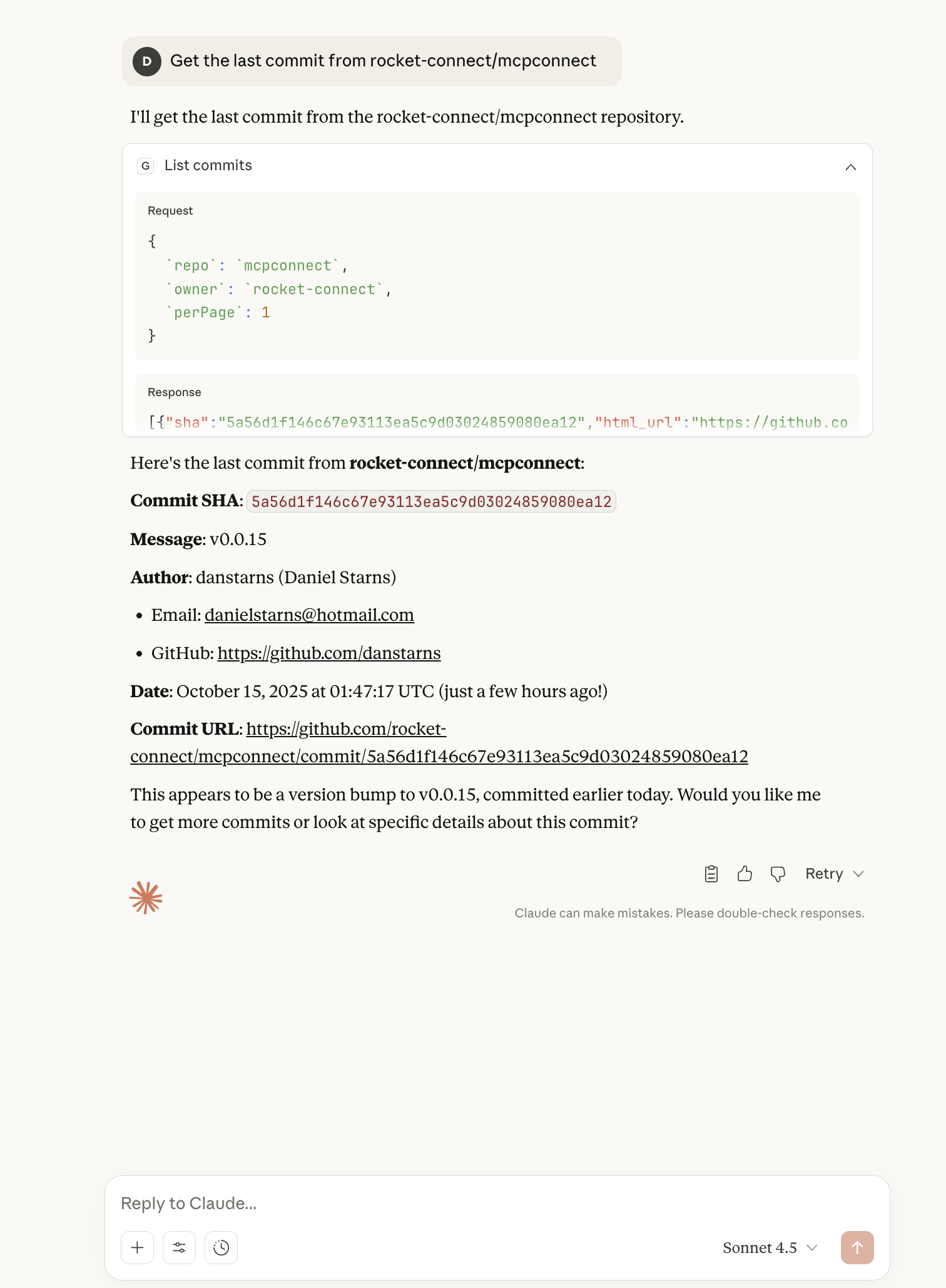 Claude executing get last commit query