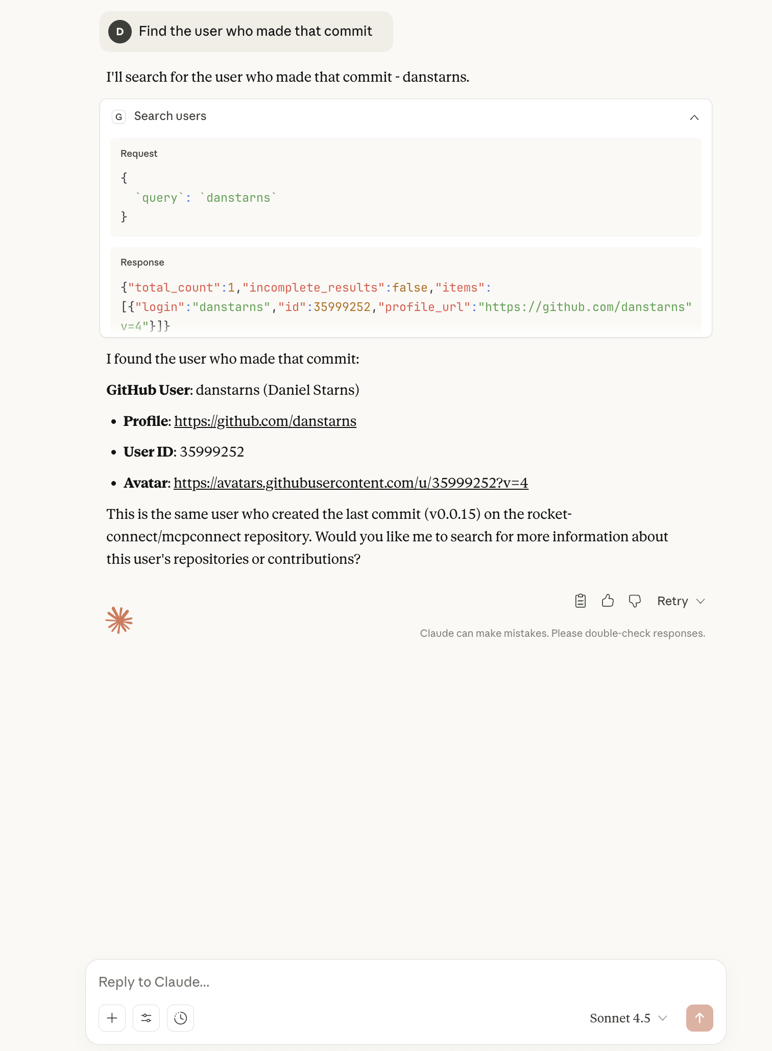 Claude executing find commit user query