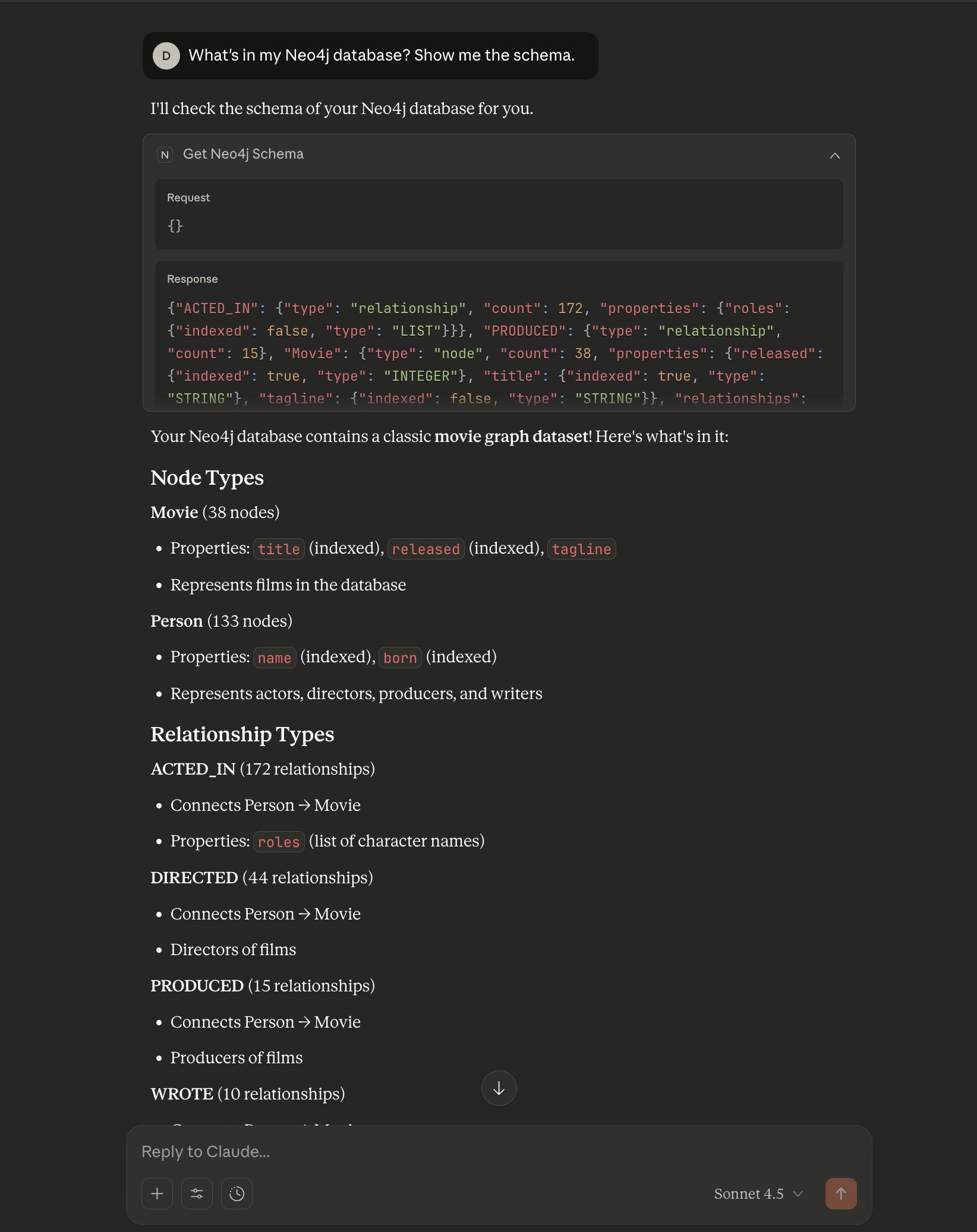 Claude executing schema query on Neo4j