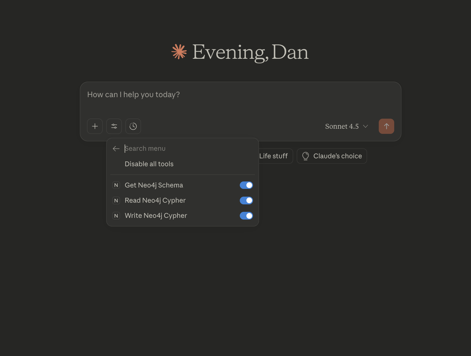 Claude Desktop showing Neo4j tools available