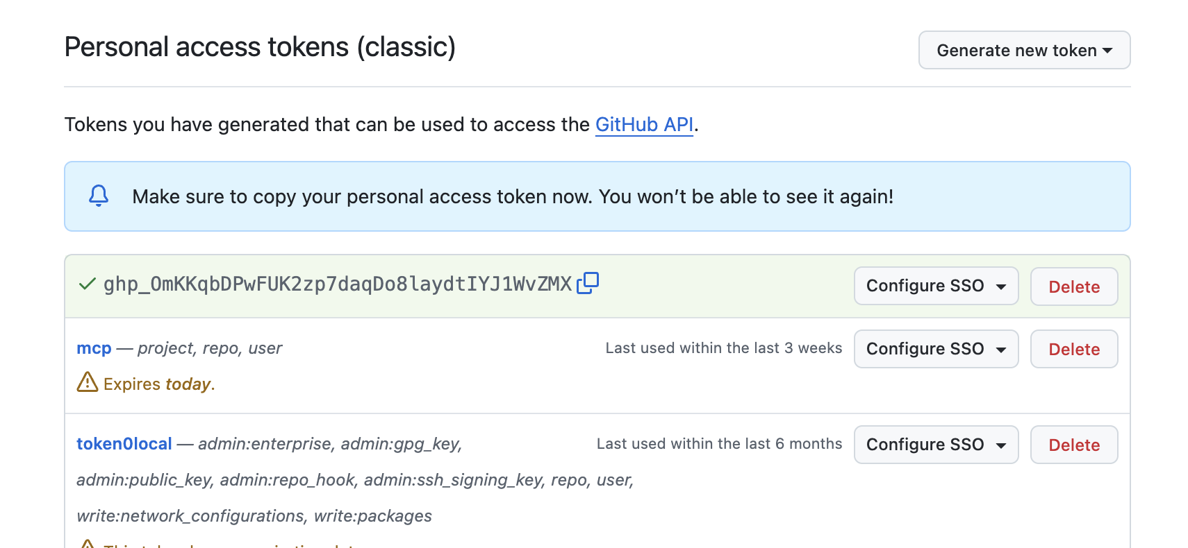 GitHub token successfully generated