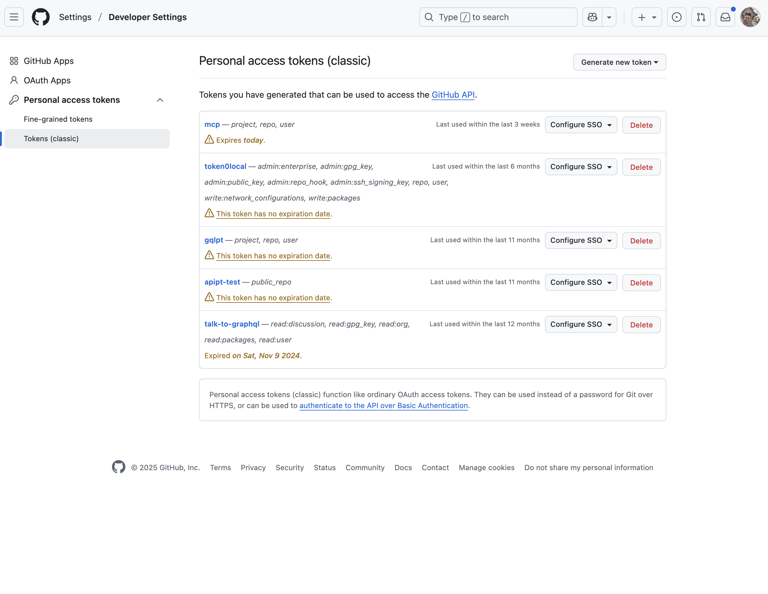 GitHub personal access tokens page