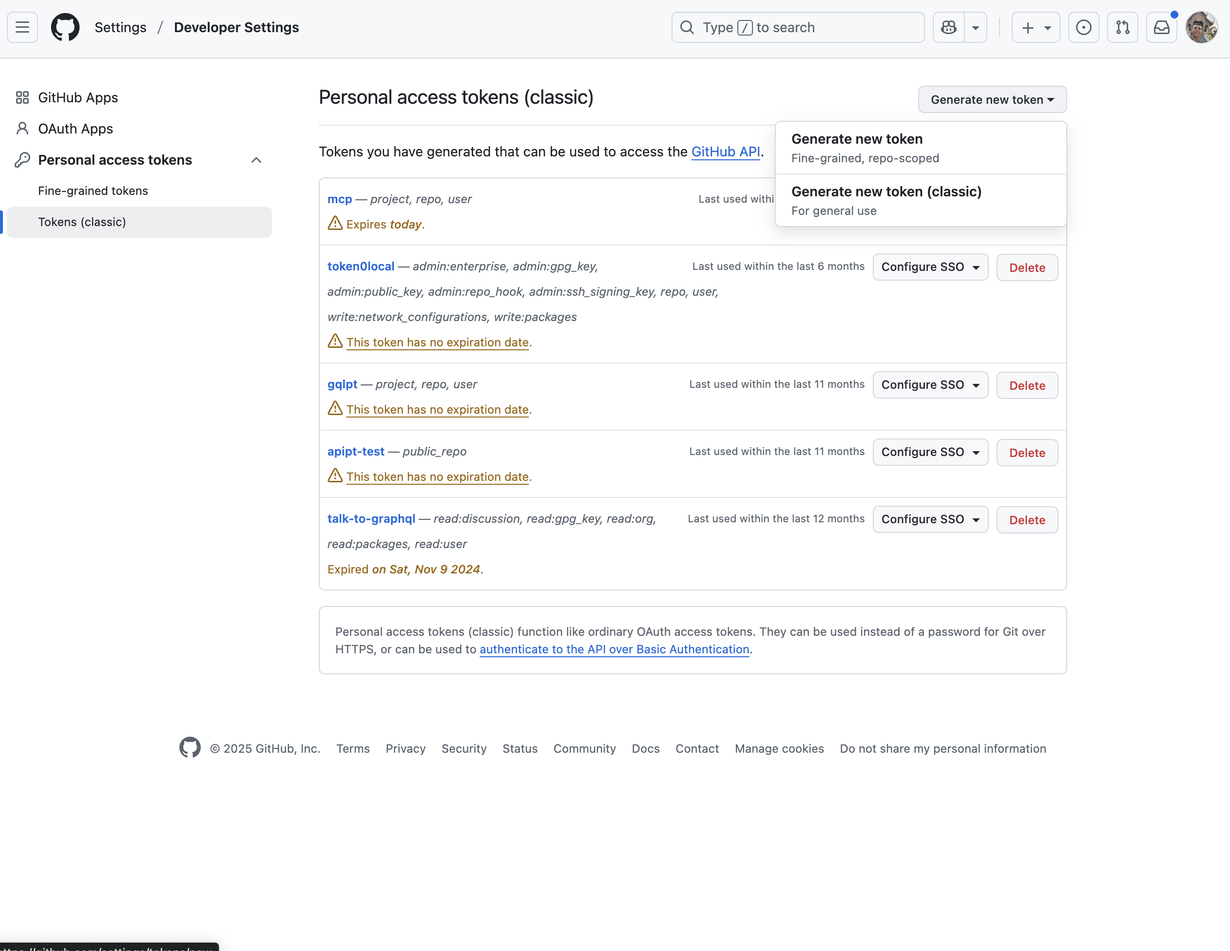 GitHub selecting classic token type