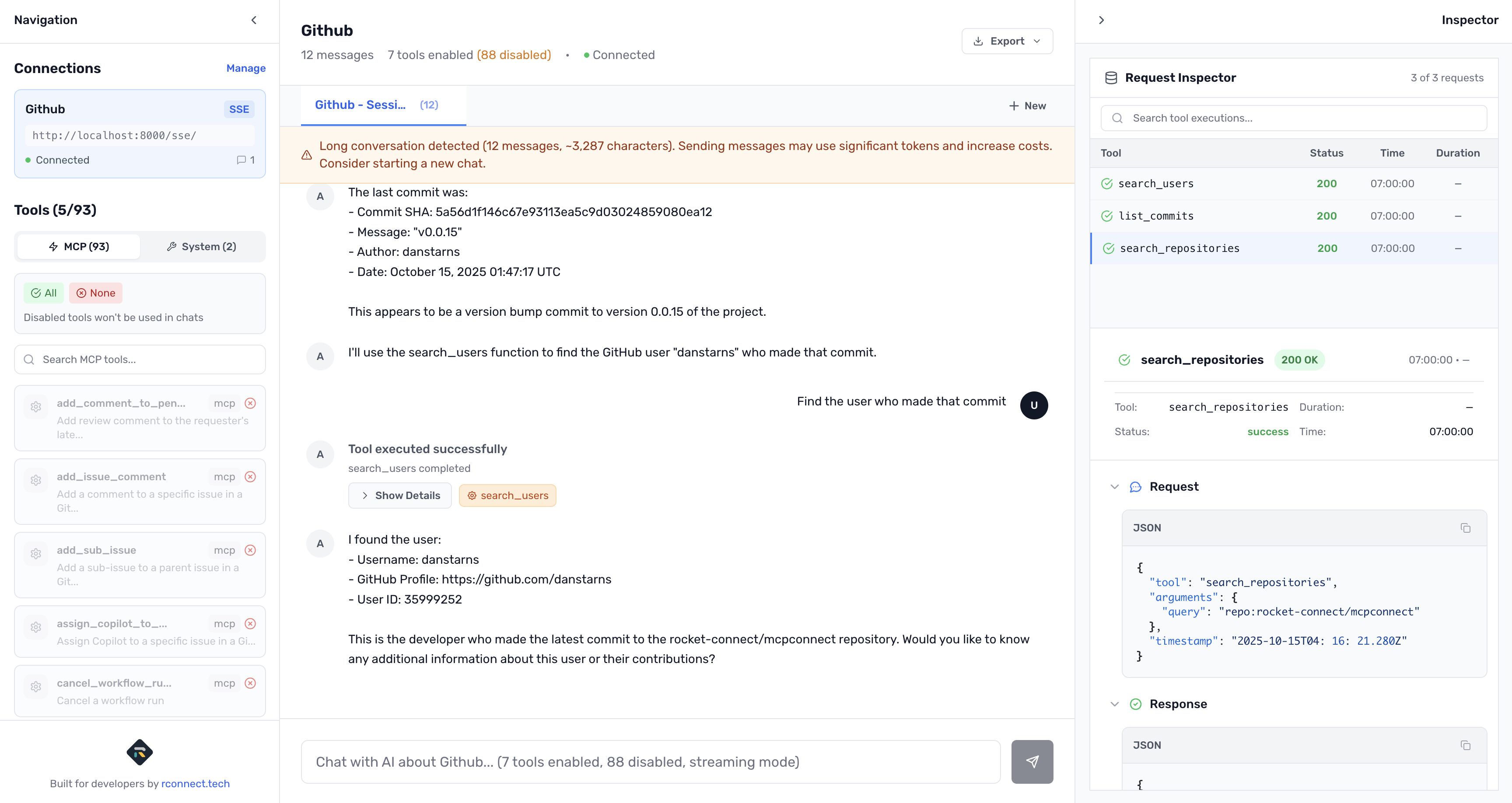 MCP Connect GitHub tools sidebar