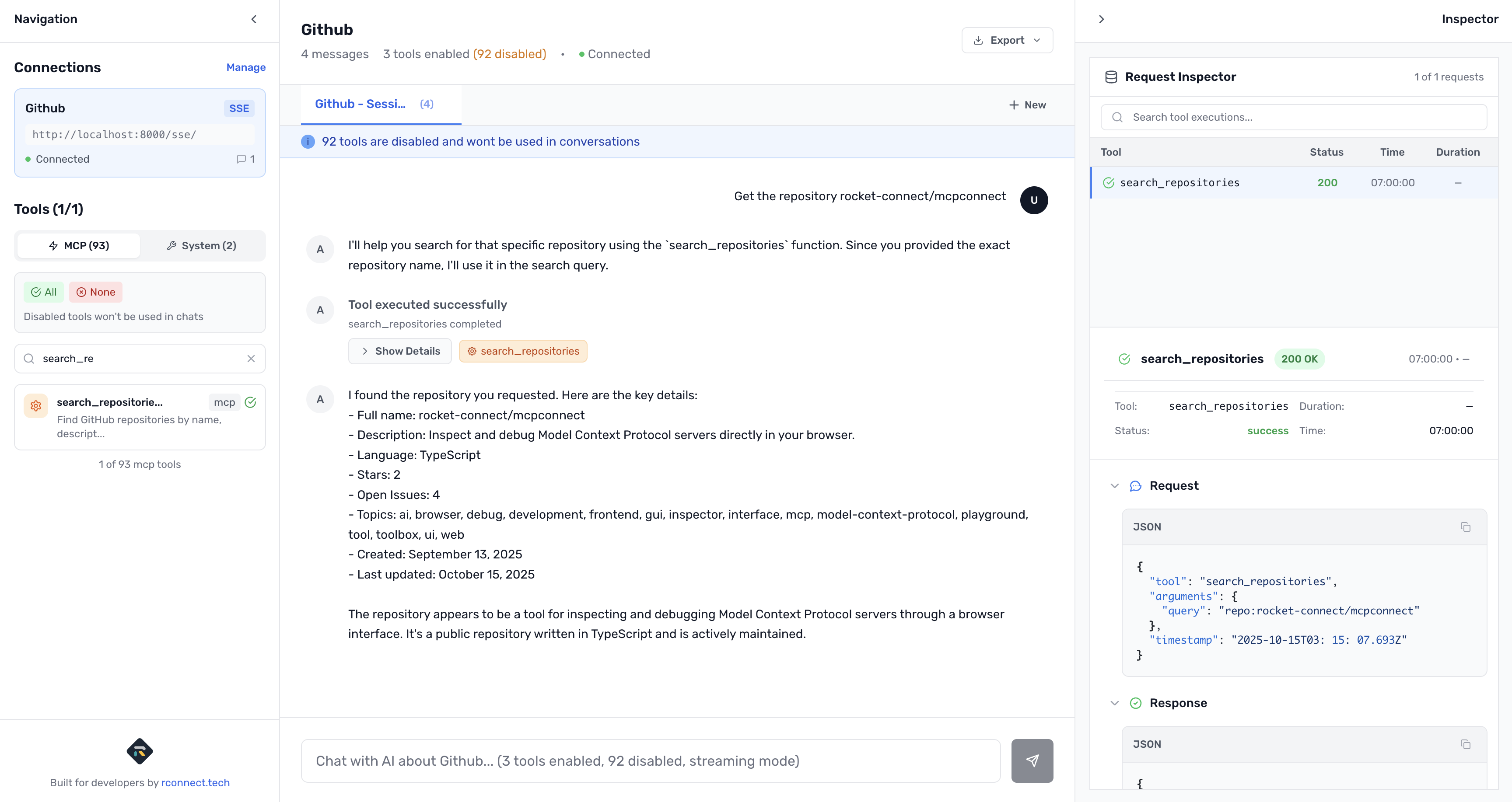 MCP Connect executing get repository query