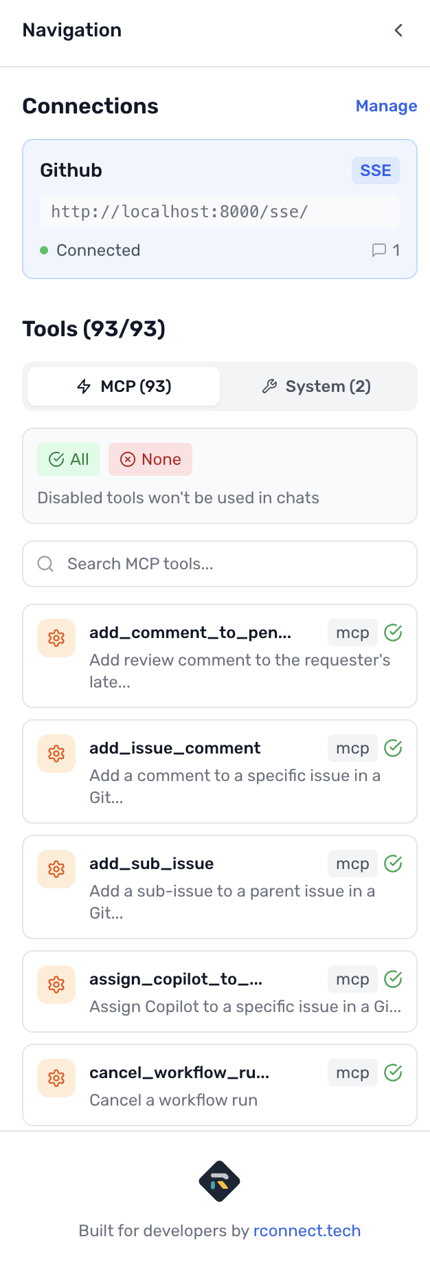 Showing MCP Connect tool left-hand sidebar with GitHub tools