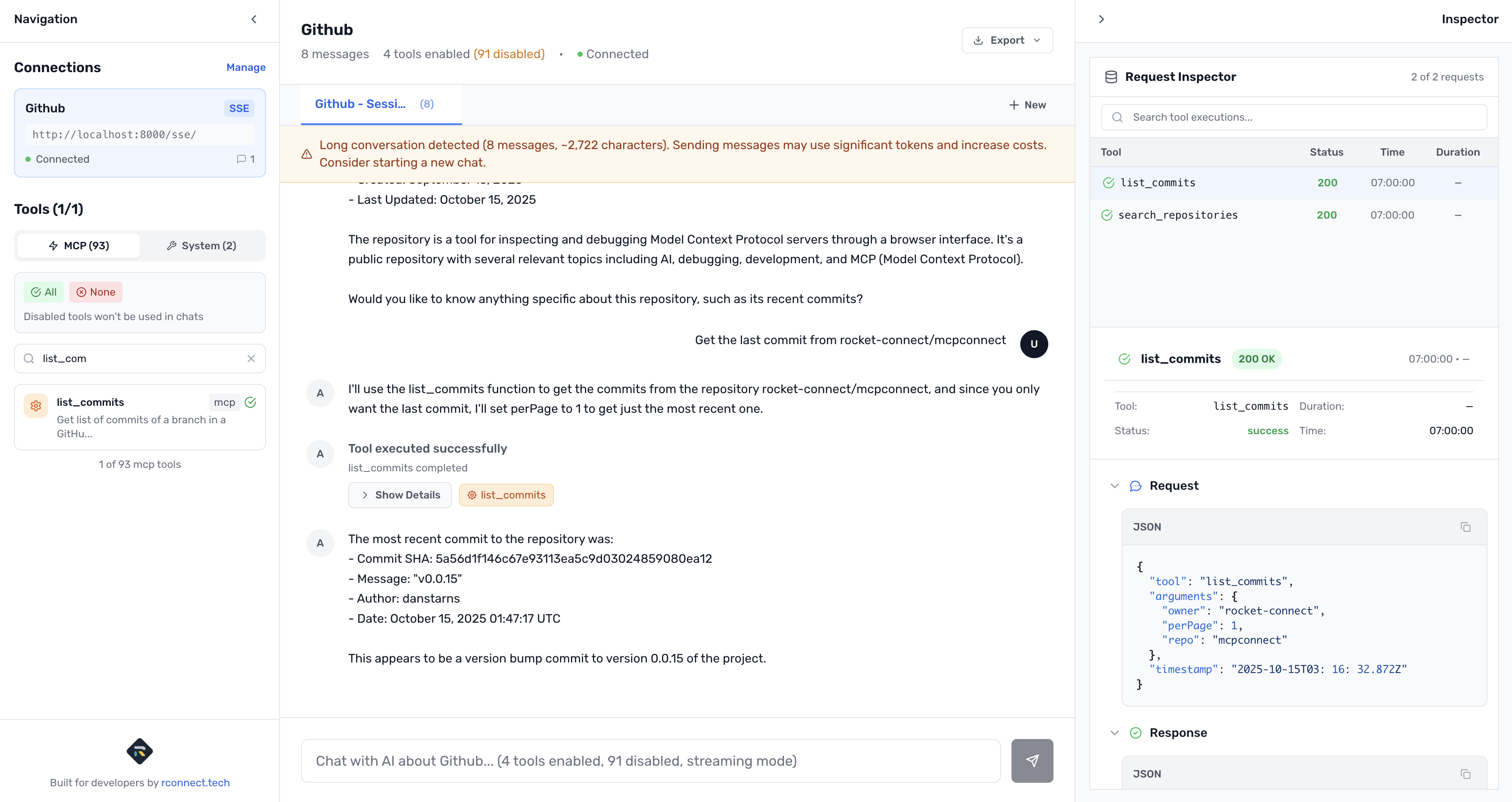 MCP Connect executing get last commit query