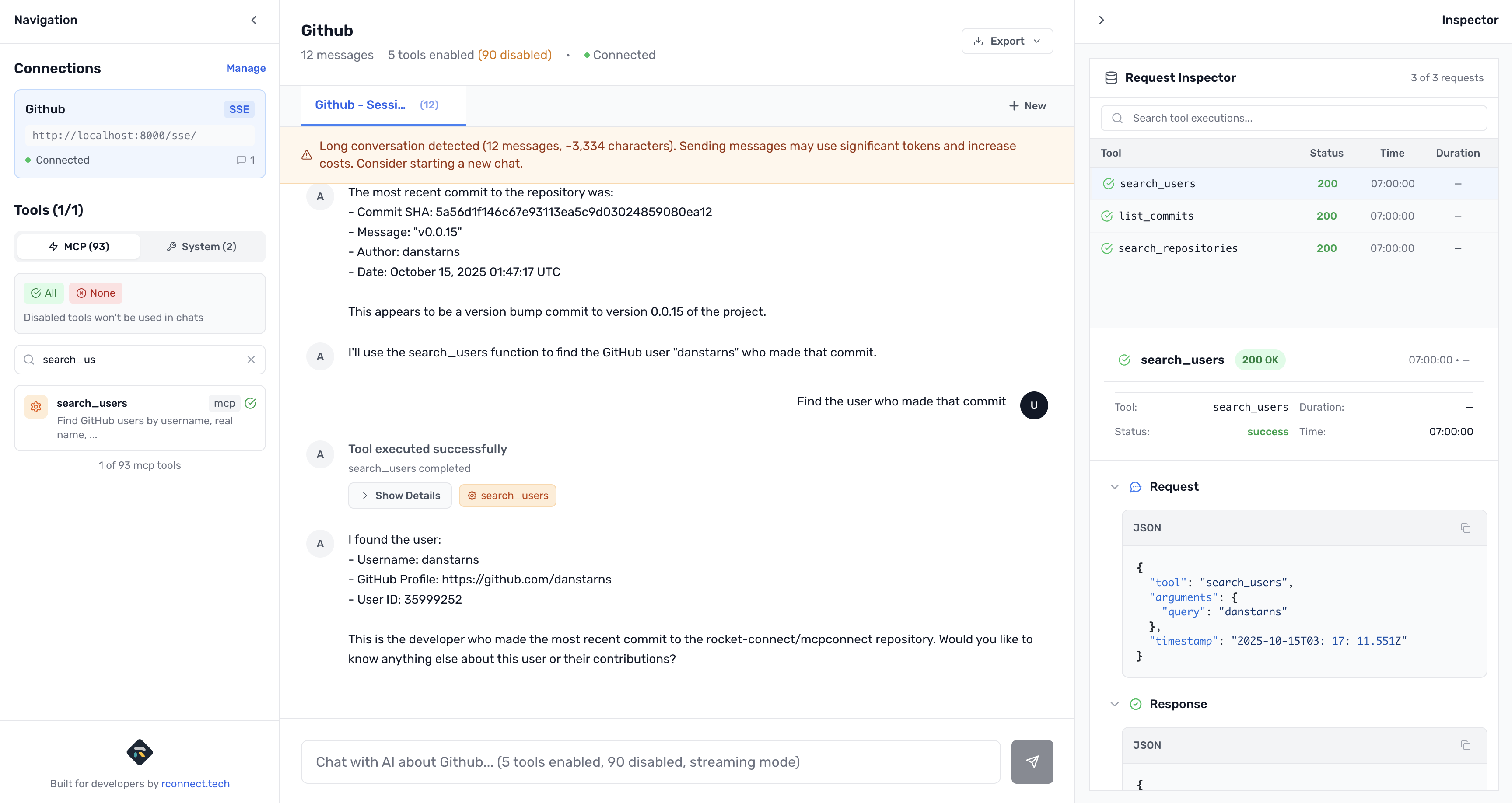 MCP Connect executing find commit user query