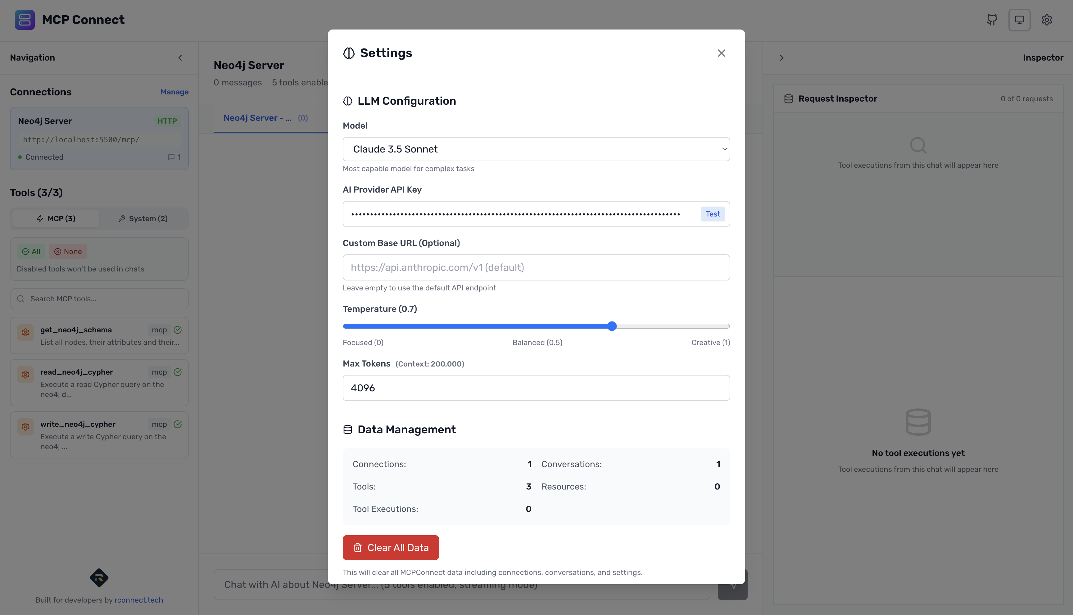 MCP Connect LLM configuration screen