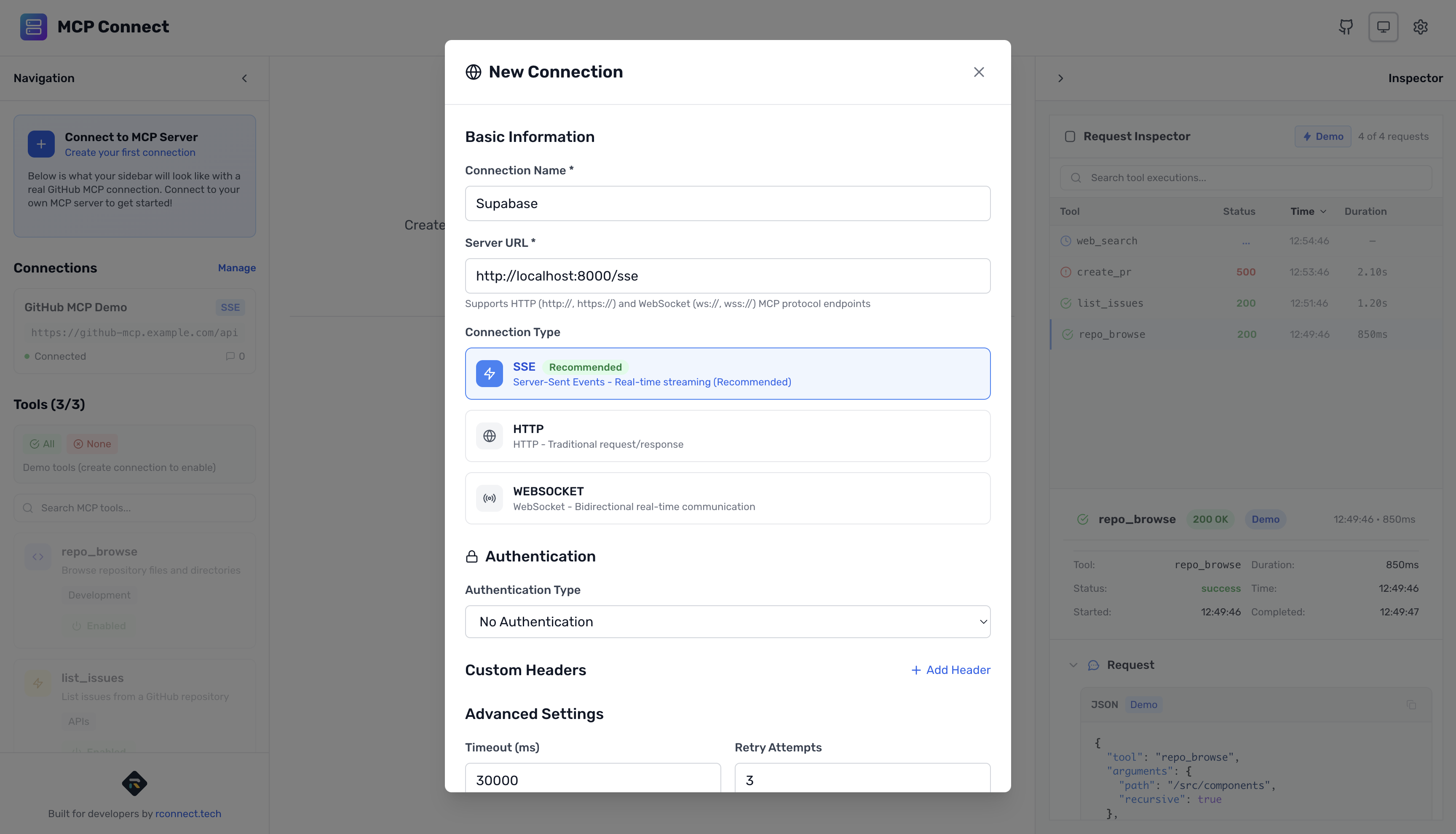 MCP Connect create connection modal