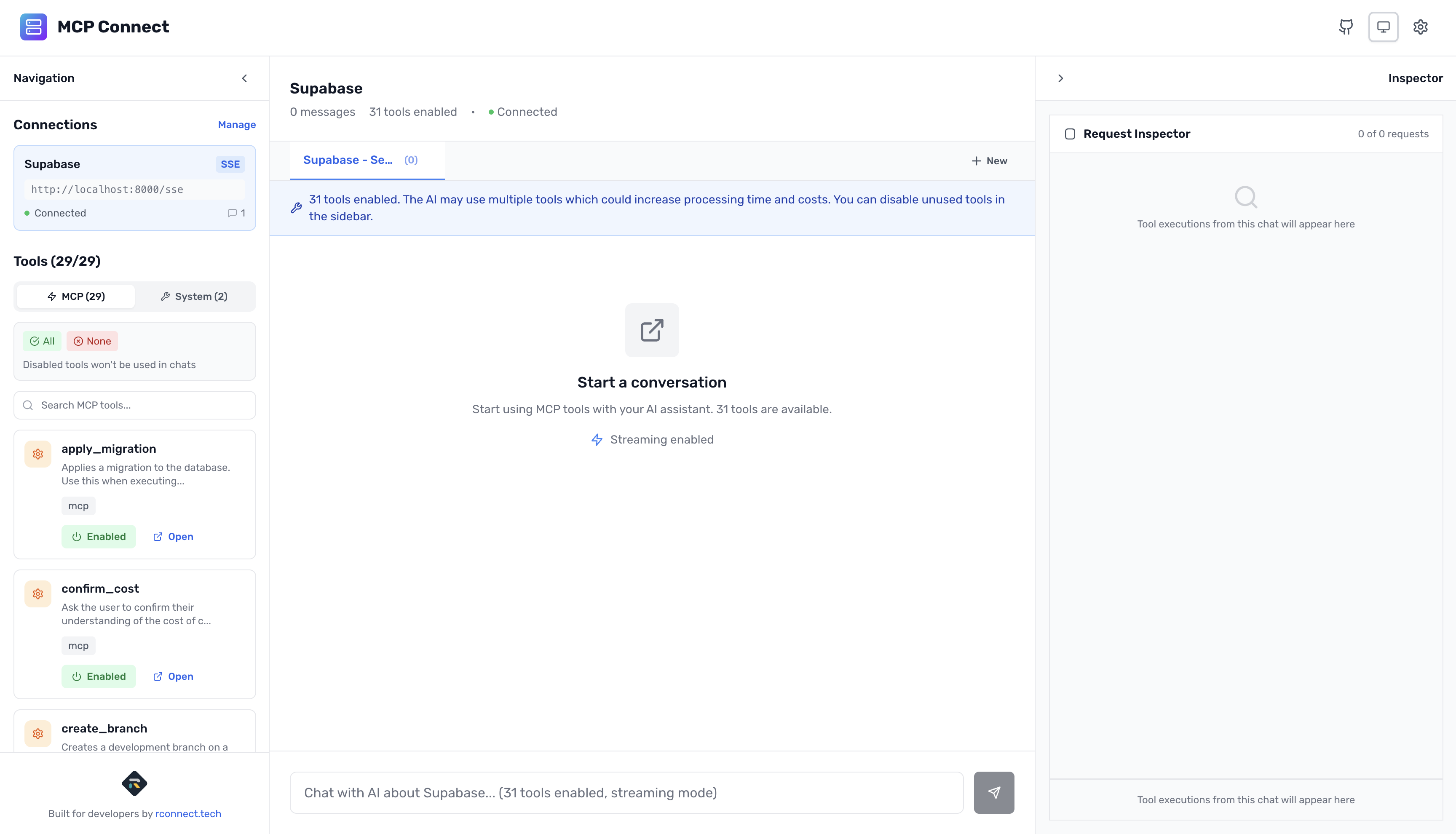 MCP Connect home interface