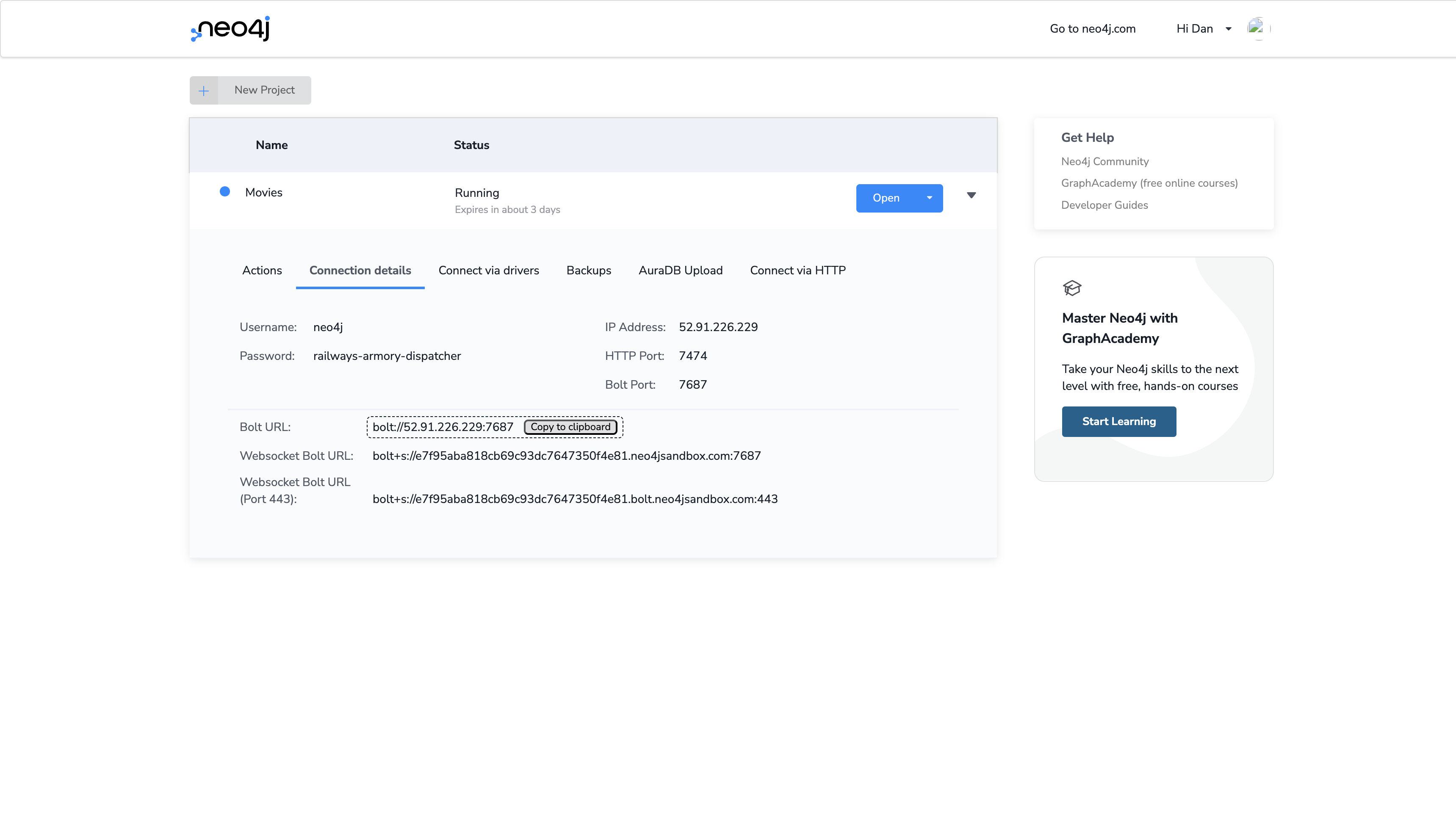 Neo4j Sandbox connection details