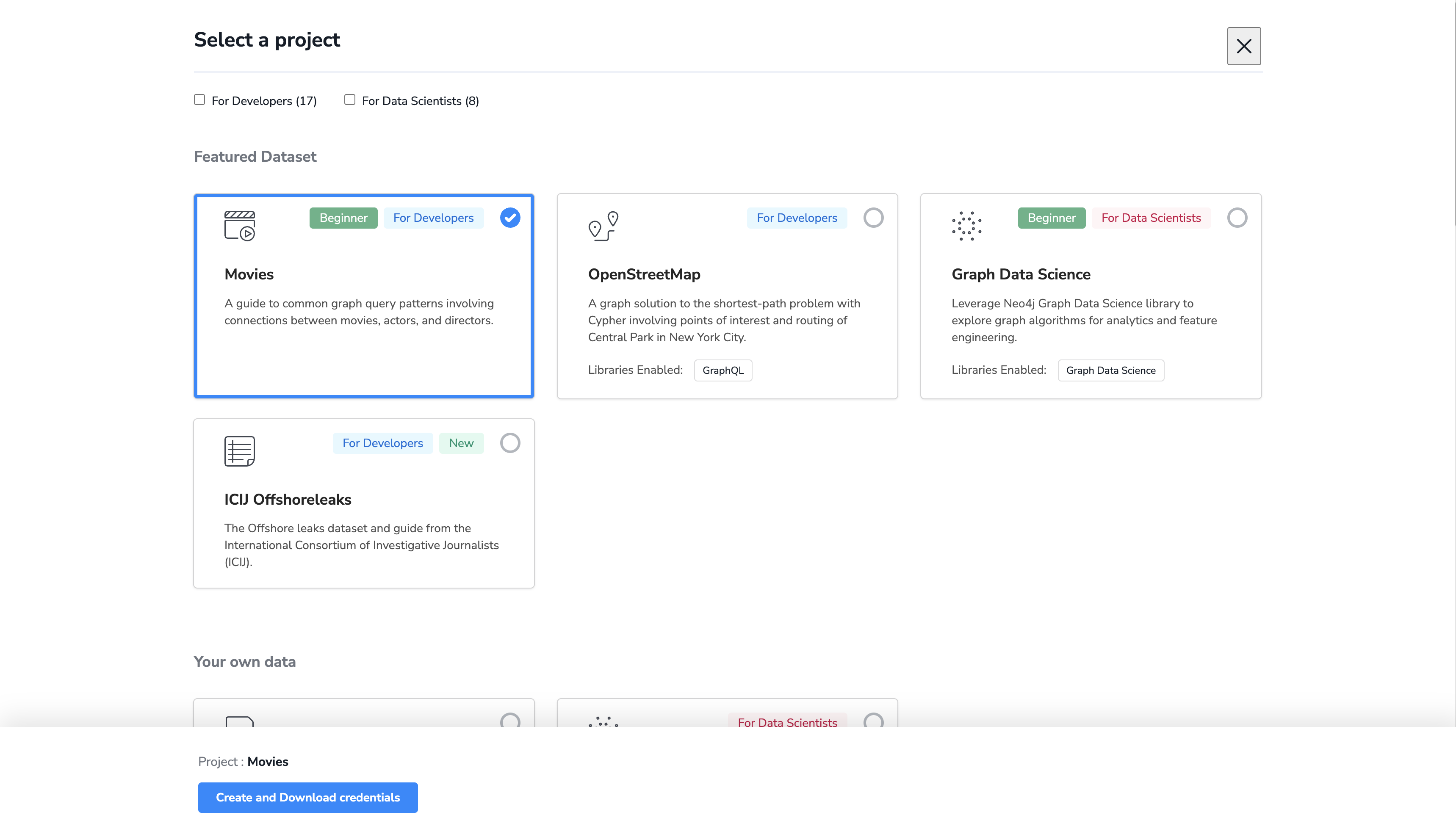 Neo4j Sandbox dataset selection