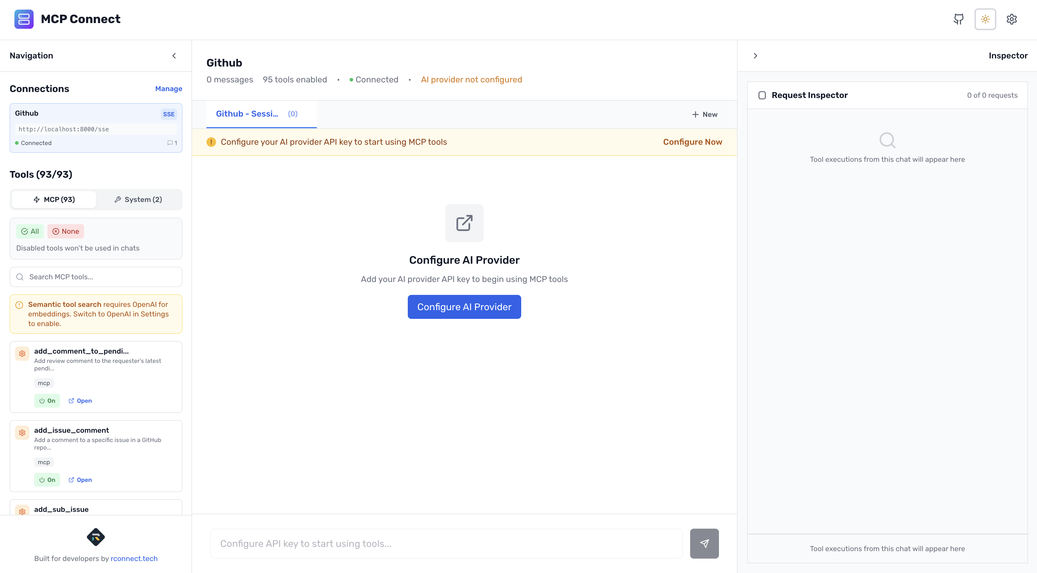 MCP Connect Inspector UI showing connected MCP server with tool list