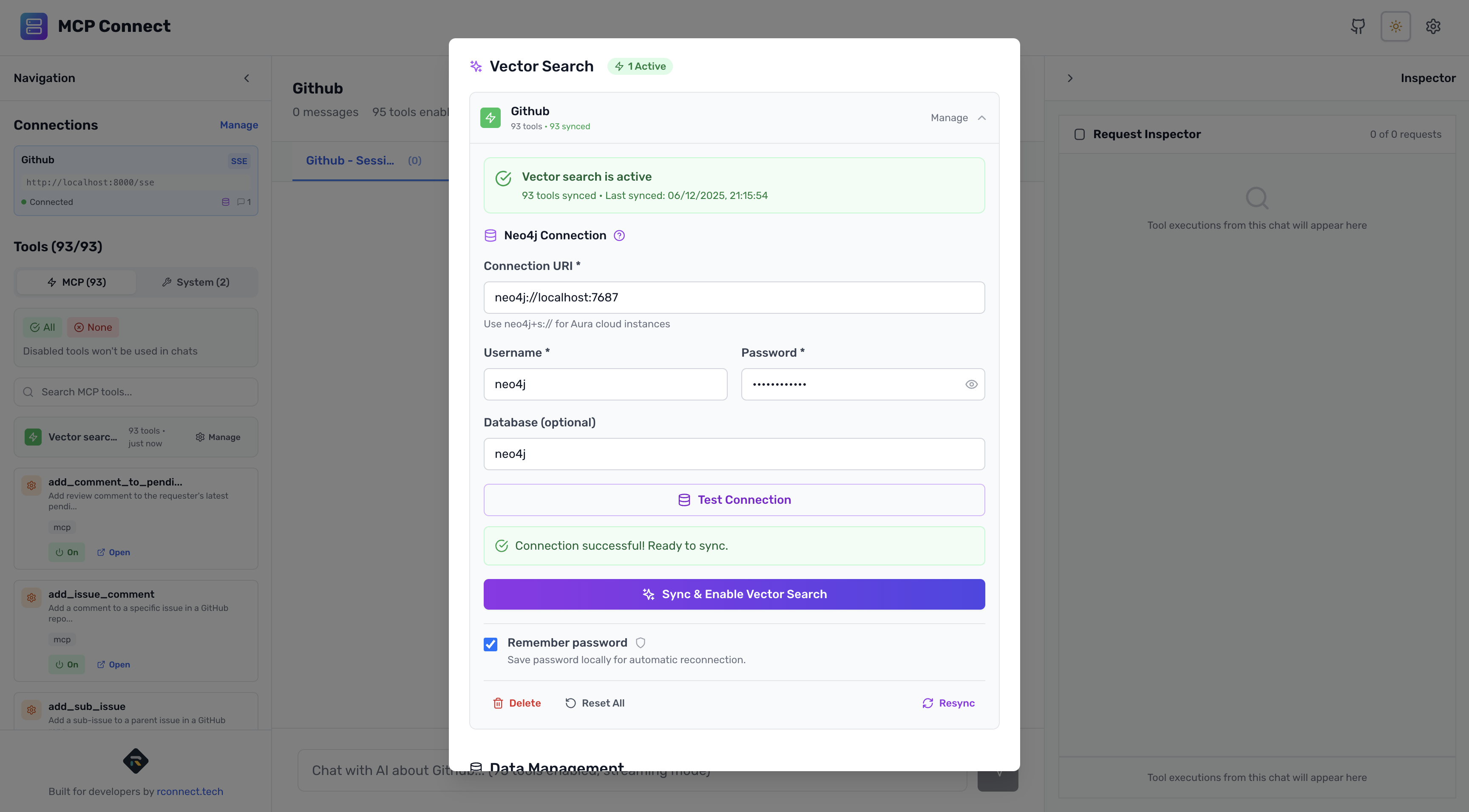 MCP Connect Inspector UI Neo4j configuration modal with connection fields and test button