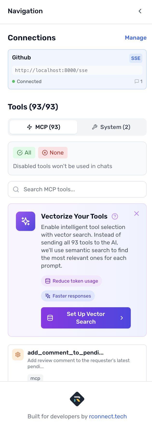 MCP Connect Inspector UI sidebar showing Semantic Tool Selection panel after OpenAI configuration