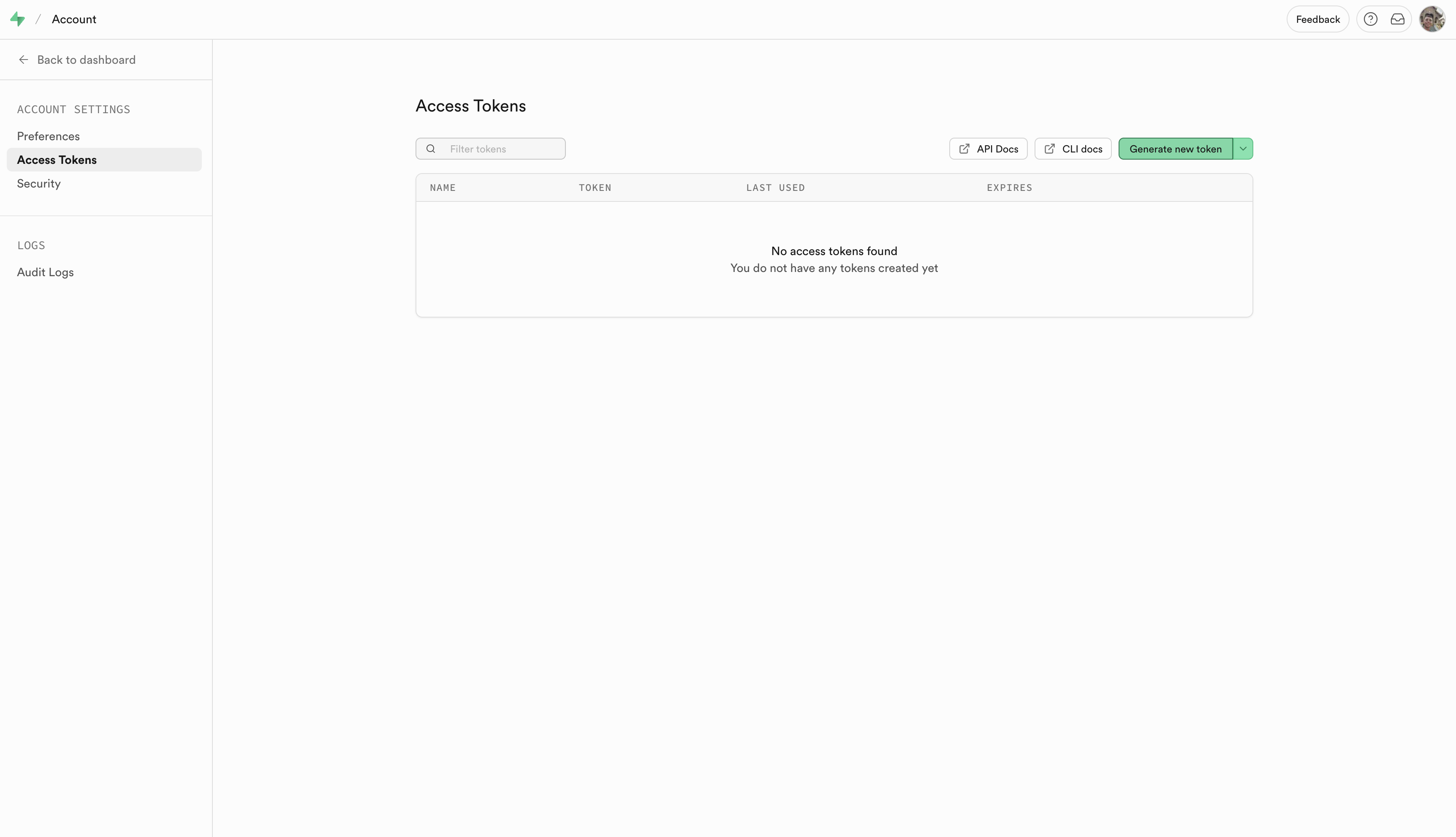 Supabase access tokens page