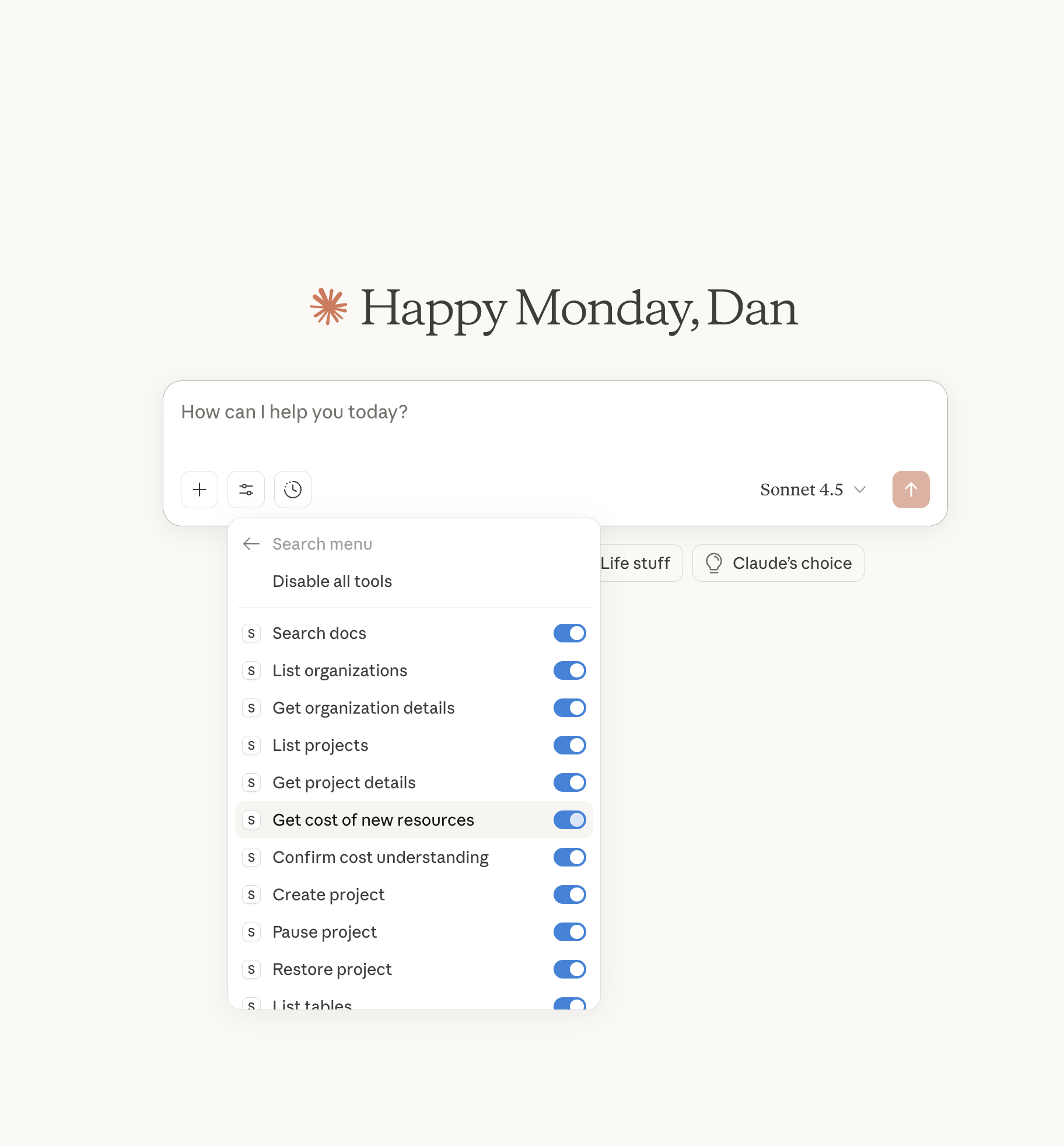 Claude Desktop showing Supabase tools