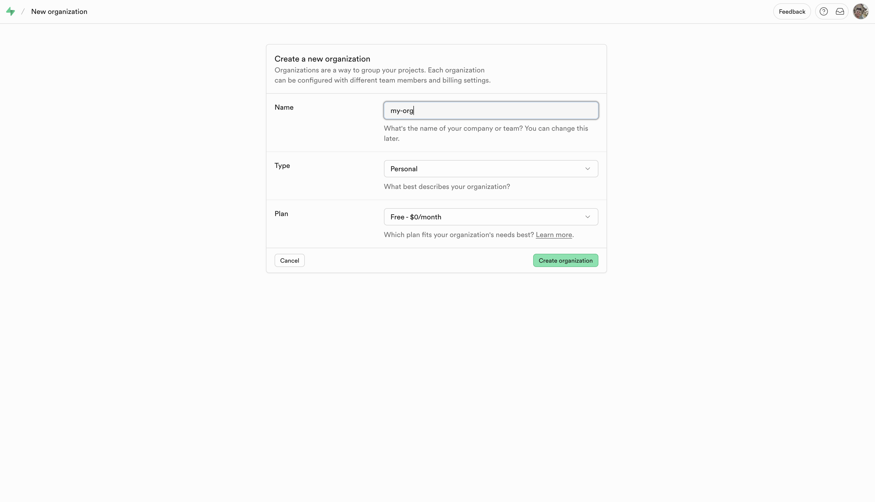 Creating a Supabase organization