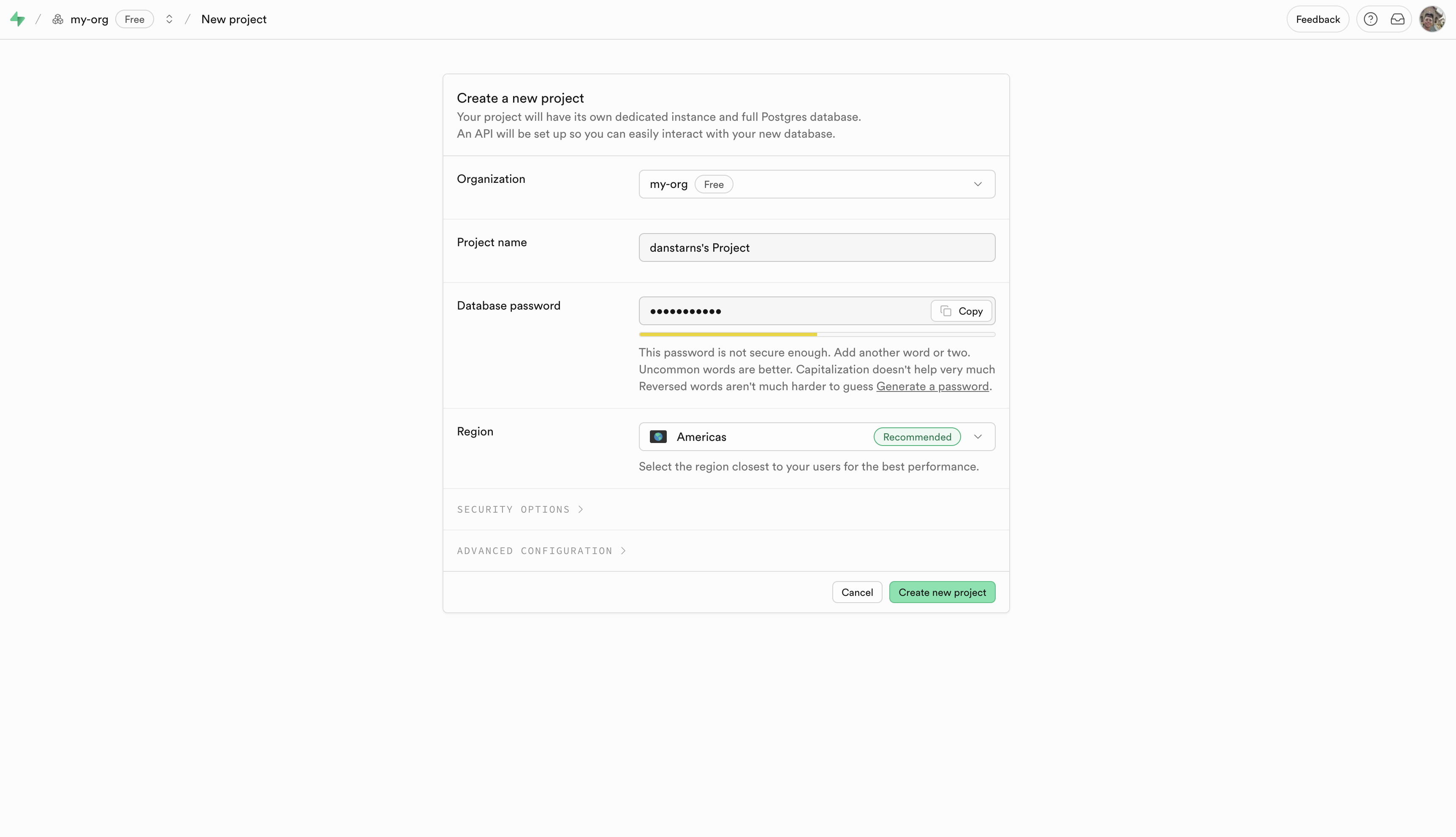 Creating a Supabase project