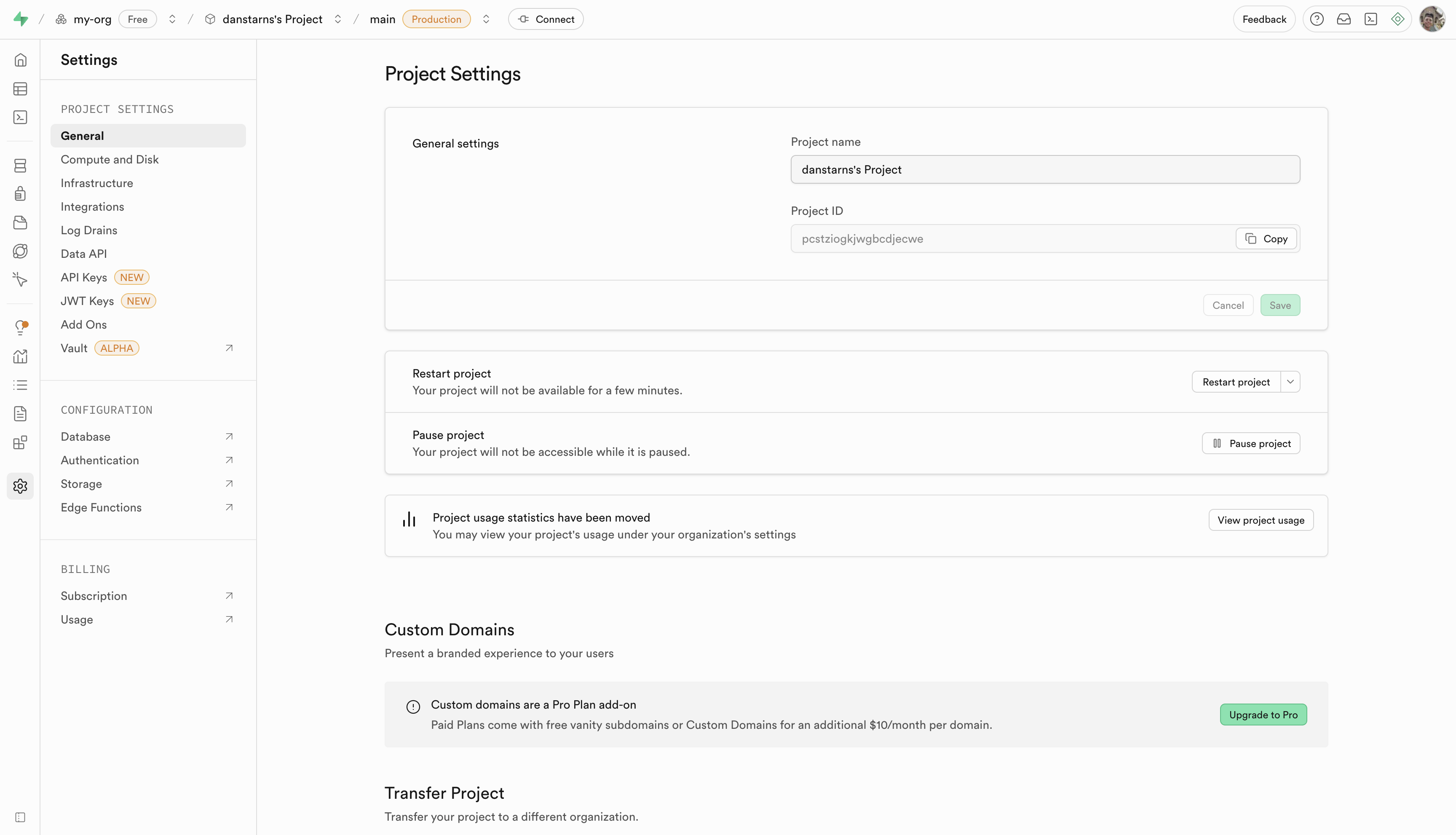 Supabase API settings
